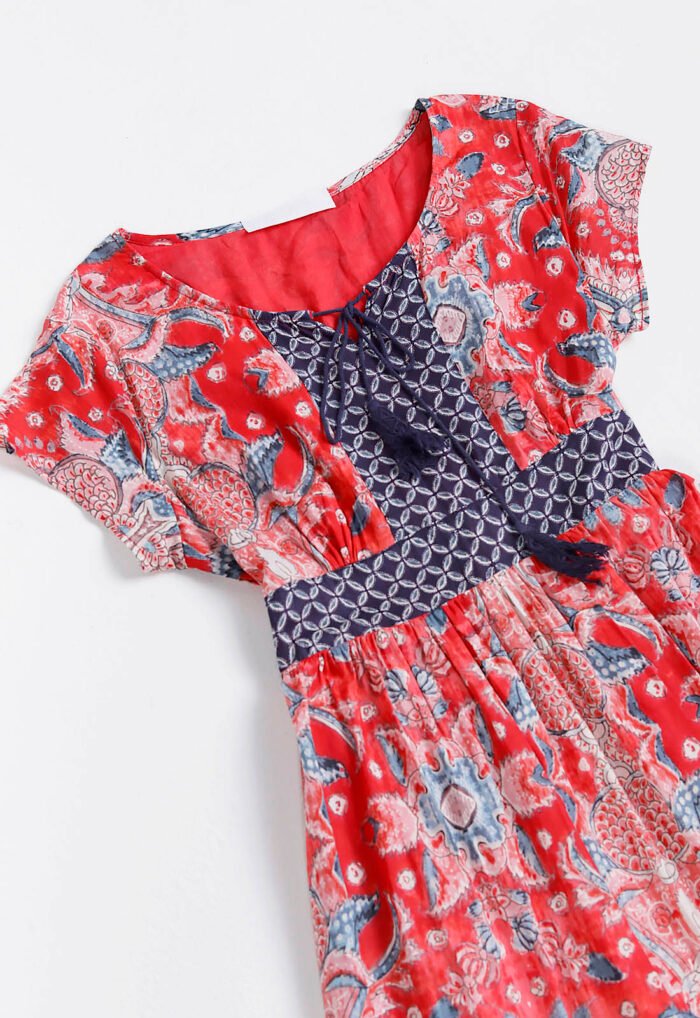 Vestido Longo Vermelho e Marinho Boho Em Algodão com Bolsos Sob - Imagem 3