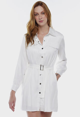 Vestido Chemise Branco Manga Longa com Bolsos e Cinto Sob