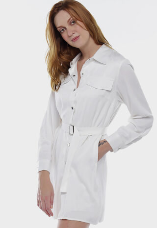 Vestido Chemise Branco Manga Longa com Bolsos e Cinto Sob