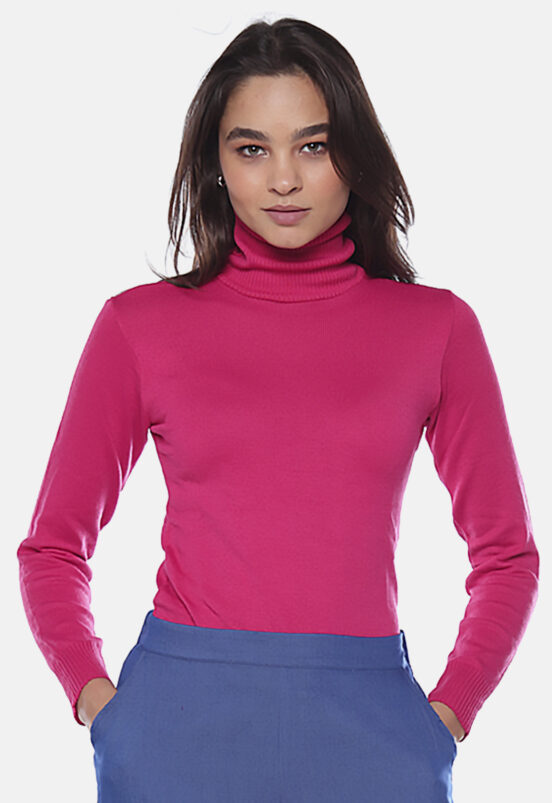 Blusa de Tricot Gola Alta Manga Longa Justa Sob Pink