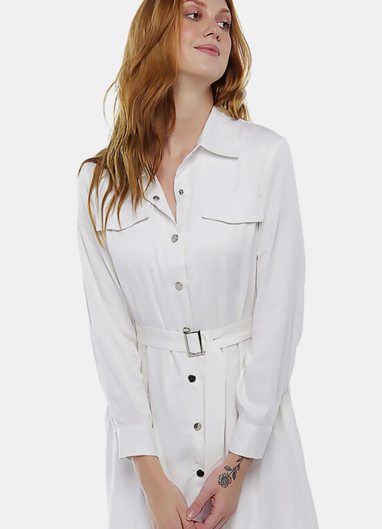 Vestido Chemise Branco Manga Longa com Bolsos e Cinto Sob