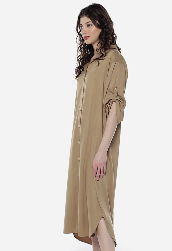 Vestido Longo Bege Chemise com Bolsos Mangas 3/4 ob - Image 6
