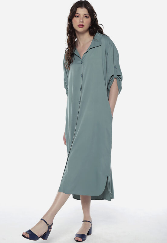 Vestido Longo Verde Chemise com Bolsos Mangas 3/4 ob