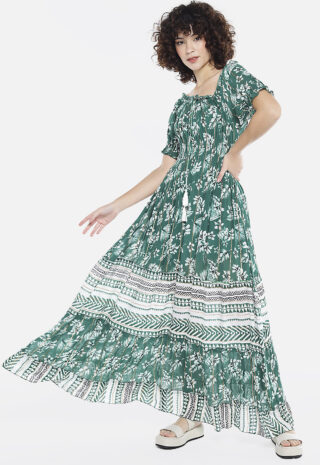 Vestido Longo com Mangas em Algodão com Lurex Verde Sob
