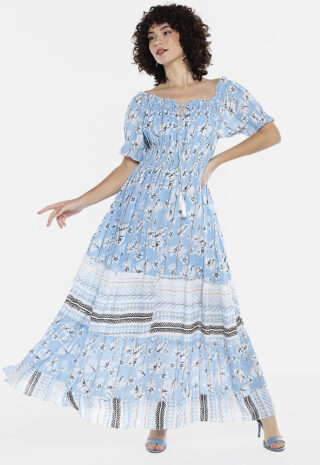 Vestido Longo com Mangas em Algodão com Lurex Azul Sob