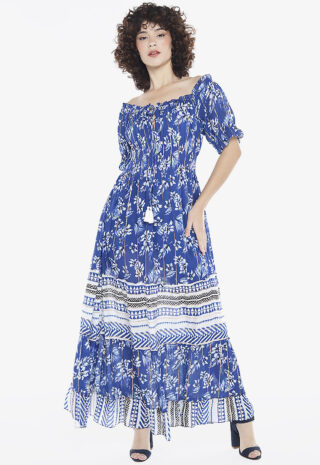 Vestido Longo com Mangas em Algodão com Lurex Marinho Sob