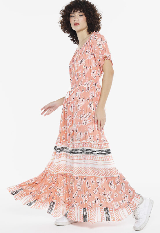 Vestido Longo com Mangas em Algodão com Lurex Rosa Sob