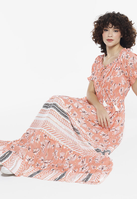 Vestido Longo com Mangas em Algodão com Lurex Rosa Sob - Image 3