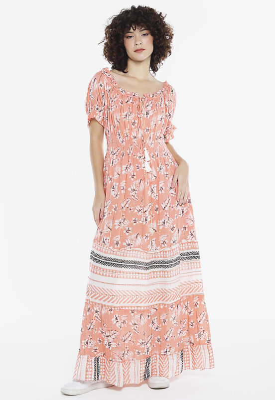 Vestido Longo com Mangas em Algodão com Lurex Rosa Sob - Image 4