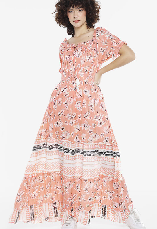 Vestido Longo com Mangas em Algodão com Lurex Rosa Sob - Image 5