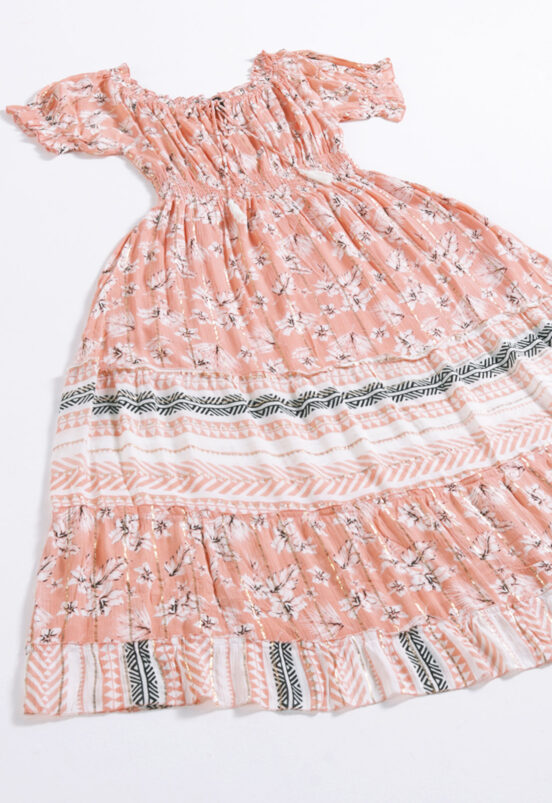 Vestido Longo com Mangas em Algodão com Lurex Rosa Sob - Image 8
