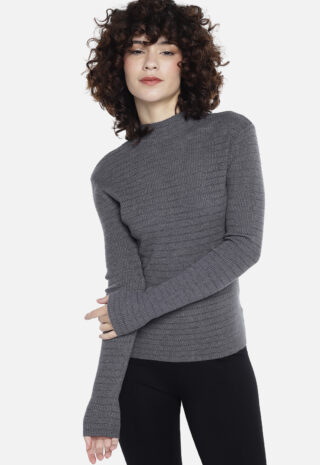 Blusa de Tricot Gola Alta Cinza Escuro Macia de Viscose Sob