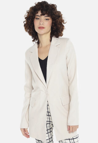 Blazer Bege Claro Feminino Longo Alfaiataria com Bolsos Sob