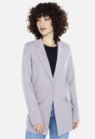 Blazer Cinza Claro Feminino Longo Alfaiataria com Bolsos Sob