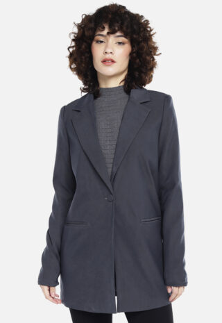 Blazer Cinza Escuro Feminino Longo Alfaiataria com Bolsos Sob