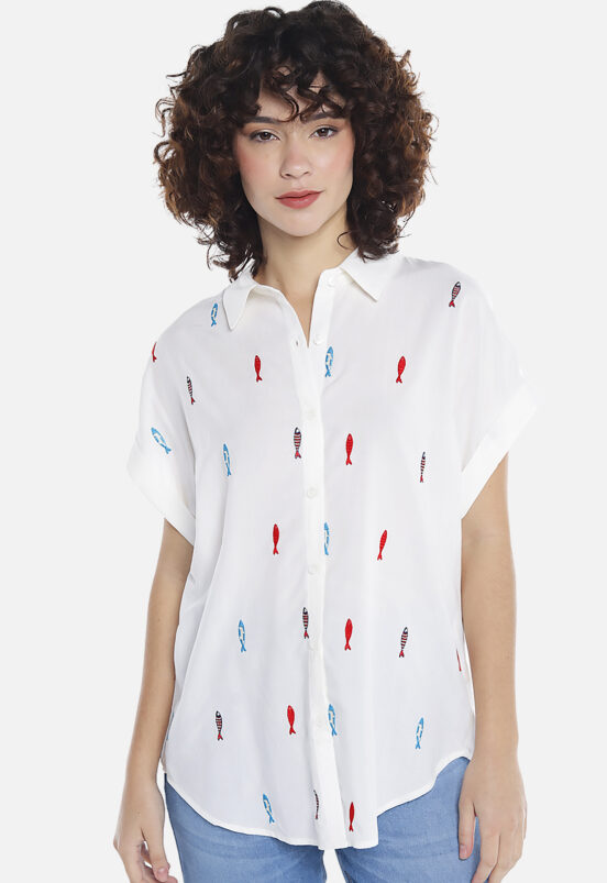 Camisa Branca de Viscose Bordada Manga Curta Sob - Image 4