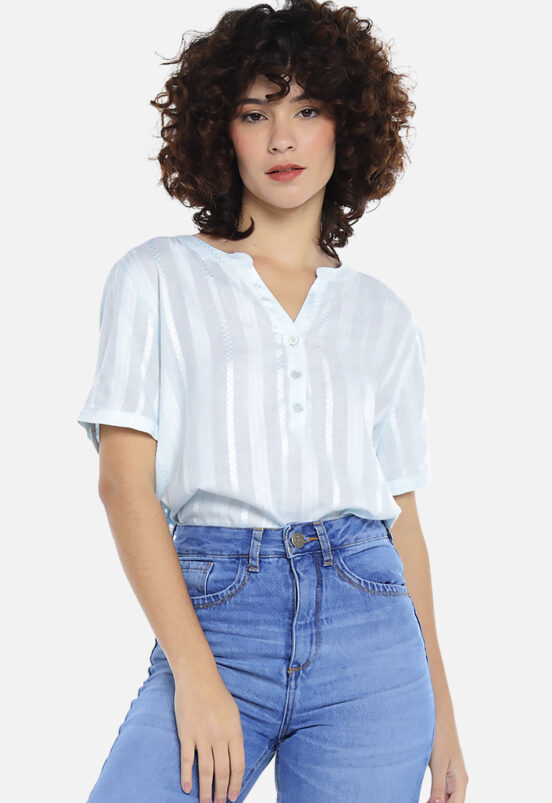 Blusa de Viscose com Linho Manga Curta Sob Azul - Image 3