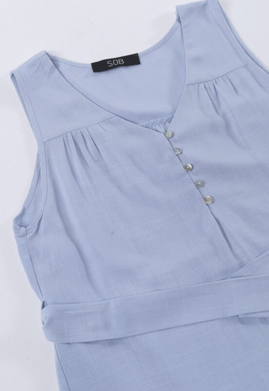 Vestido Azul Claro Gola V com Barra Bordada Forrado Sob - Image 7