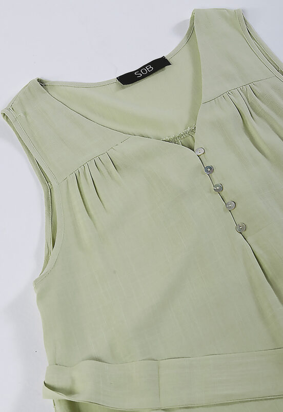 Vestido Verde Claro Gola V com Barra Bordada Forrado Sob - Image 7