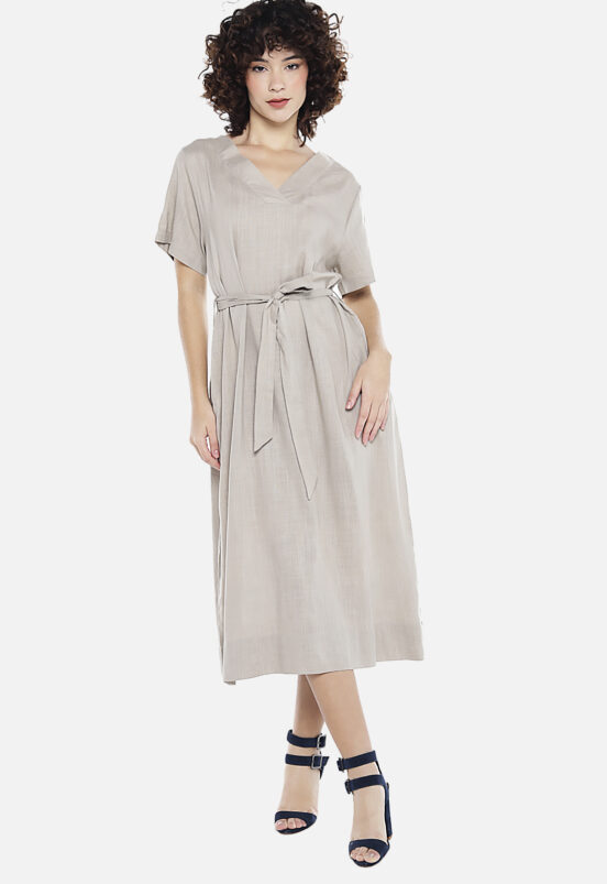 Vestido de Linho Areia  Midi com Bolsos Manga Curta Sob - Image 5