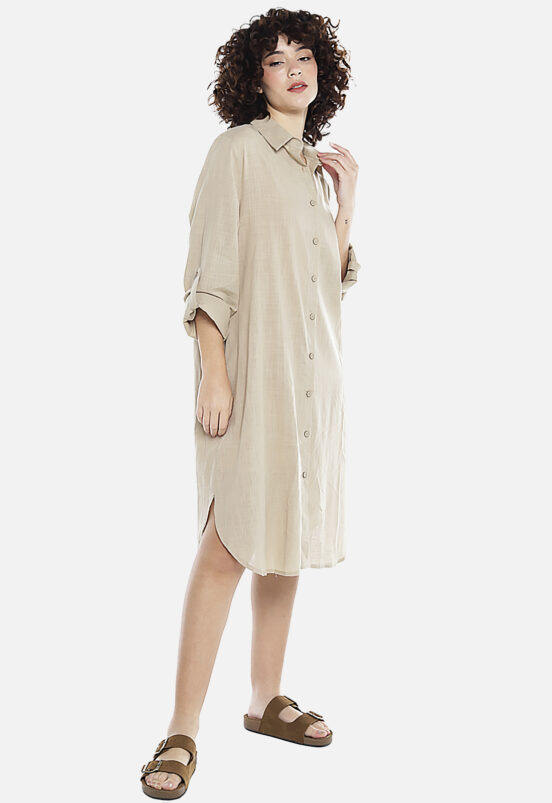Vestido Camisa Kaki Midi de Algodão com Bolsos Sob - Image 6