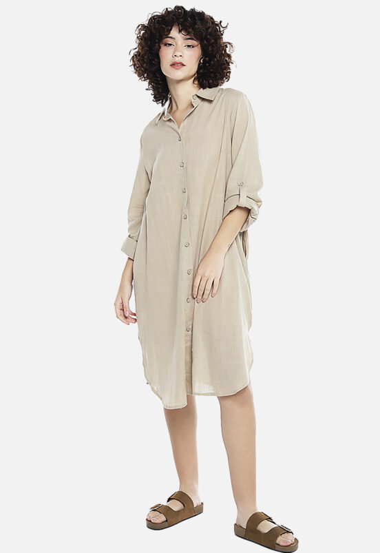 Vestido Camisa Kaki Midi de Algodão com Bolsos Sob - Image 4