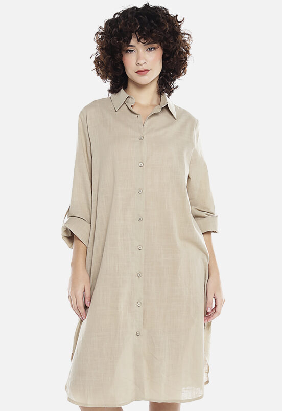 Vestido Camisa Kaki Midi de Algodão com Bolsos Sob - Image 5