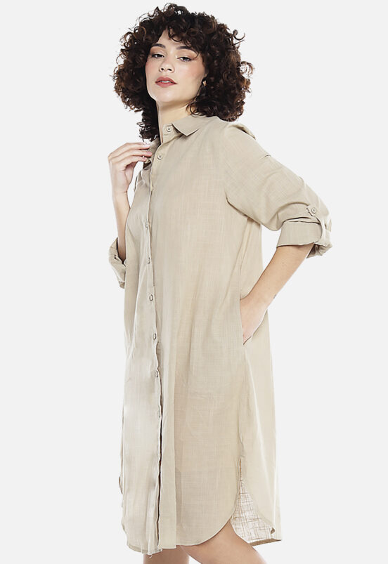 Vestido Camisa Kaki Midi de Algodão com Bolsos Sob - Image 2