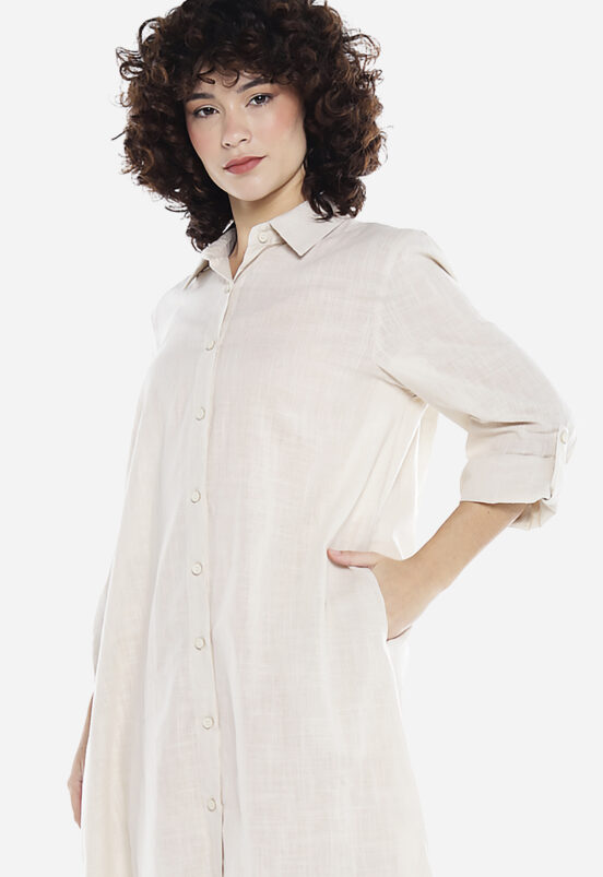 Vestido Camisa Bege Midi de Algodão com Bolsos Sob - Image 5
