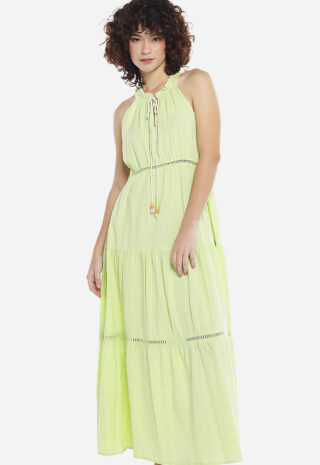 Vestido Longo de Laise Verde Claro de Algodão  Saia 3 Marias  Sob