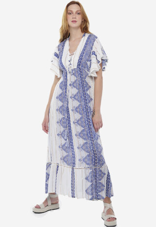 Vestido Longo Branco com Azul Boho Em Algodão Sob