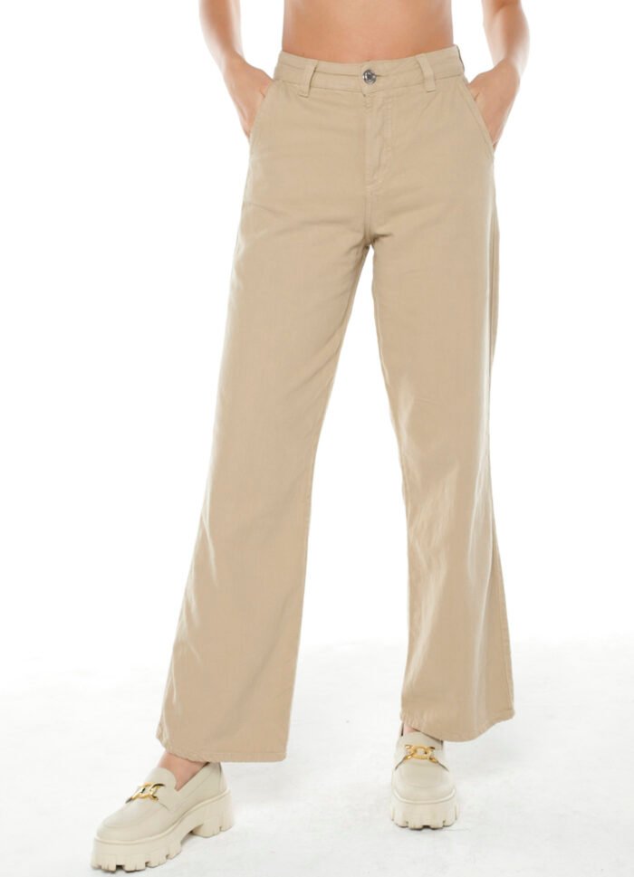 Calça Feminina Wide Leg de Sarja Sob Bege - Imagem 3