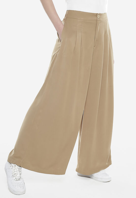 Calça Pantalona com Pregas Feminina Caramelo Sob com Bolsos - Image 3