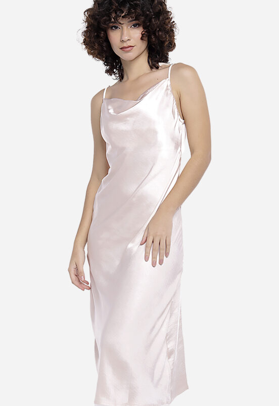 Vestido Midi Cetim Toque de Seda Decote Degagê Champagne Sob - Image 5