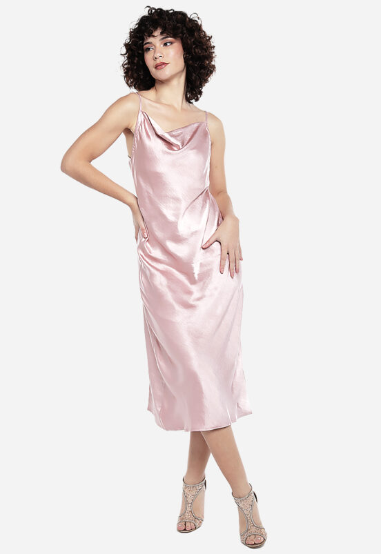 Vestido Midi Cetim Toque de Seda Decote Degagê Rosa  Sob - Image 5