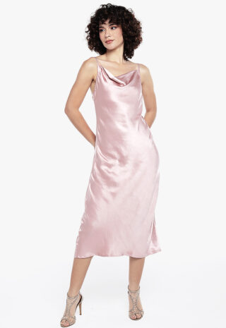 Vestido Midi Cetim Toque de Seda Decote Degagê Rosa  Sob