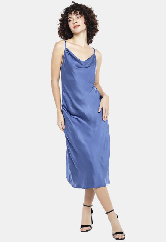 Vestido Midi Cetim Toque de Seda Decote Degagê Azul  Sob - Image 3