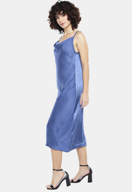 Vestido Midi Cetim Toque de Seda Decote Degagê Azul  Sob - Image 6