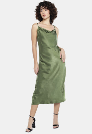 Vestido Midi Cetim Toque de Seda Decote Degagê Verde  Sob