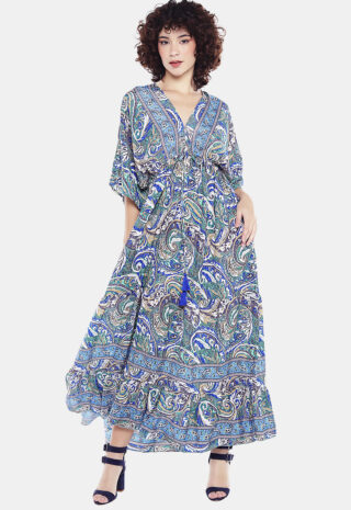 Vestido Longo com Manga Estampado Sob Azul e Verde