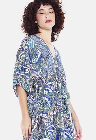 Vestido Longo com Manga Estampado Sob Azul e Verde