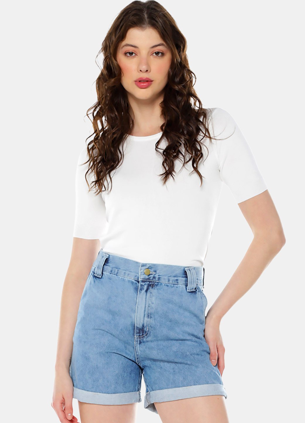 shorts jeans feminino claro 1 Shorts Jeans Feminino Básico Cintura Alta Sob Azul Claro - Imagem 1