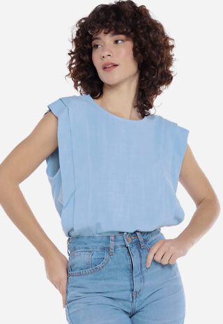 Blusa de Linho Manga Curta Azul com Pregas Sob