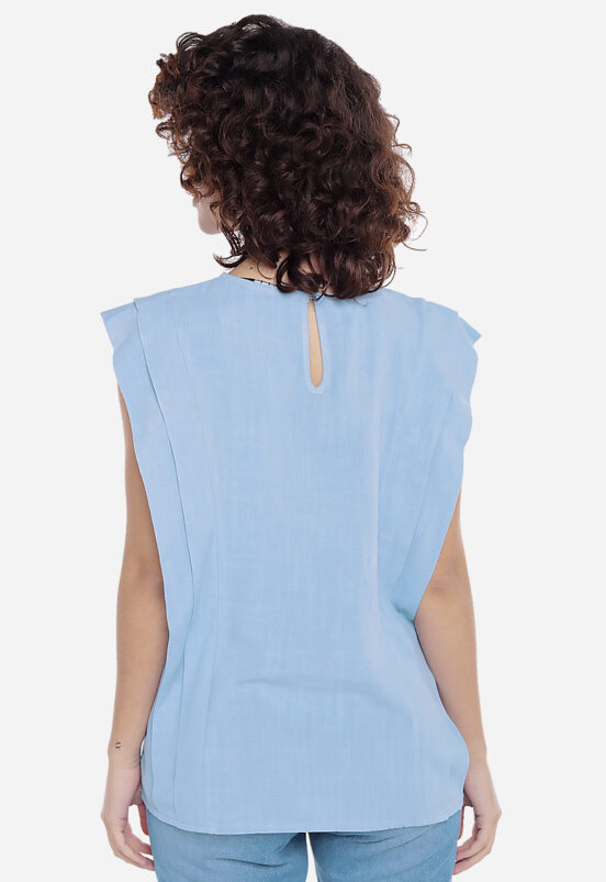Blusa de Linho Manga Curta Azul com Pregas Sob - Image 5