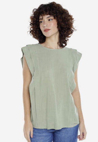 Blusa de Linho Manga Curta Verde com Pregas Sob