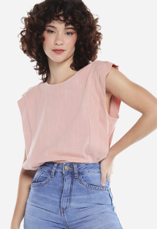 Blusa de Linho Manga Curta Rosa com Pregas Sob