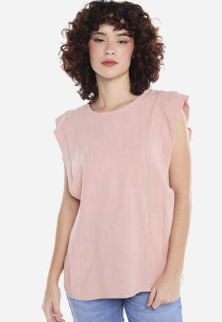 Blusa de Linho Manga Curta Rosa com Pregas Sob