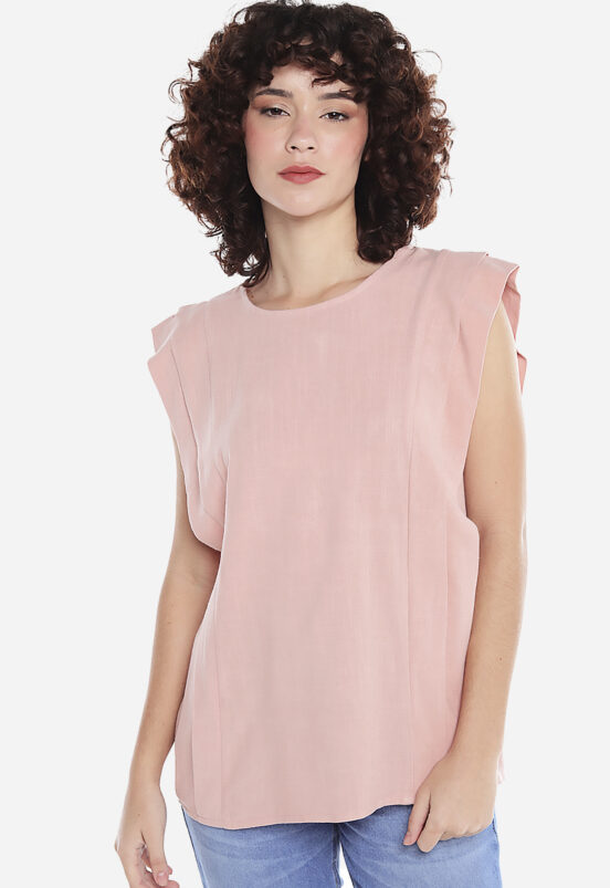 Blusa de Linho Manga Curta Rosa com Pregas Sob - Image 3
