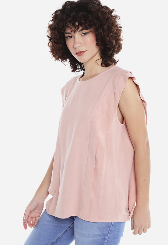 Blusa de Linho Manga Curta Rosa com Pregas Sob - Image 4