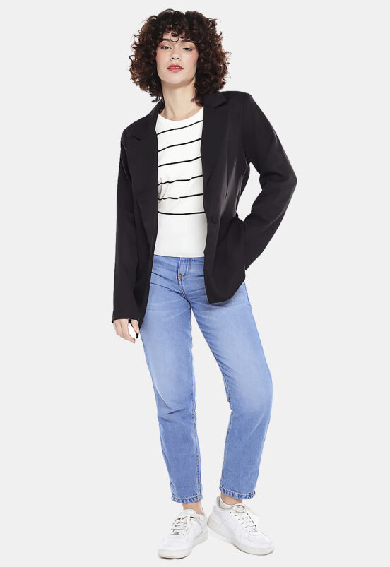 Blazer Preto Feminino Alfaiataria Acinturado Sob Forrado - Image 3